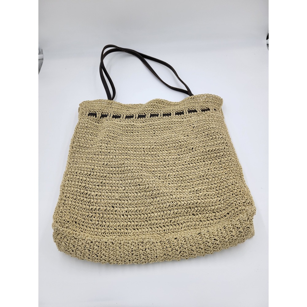 Eddie Bauer Woven Straw Tote Bag Leather Trim Brown Natural Fiber Shoulder Bag